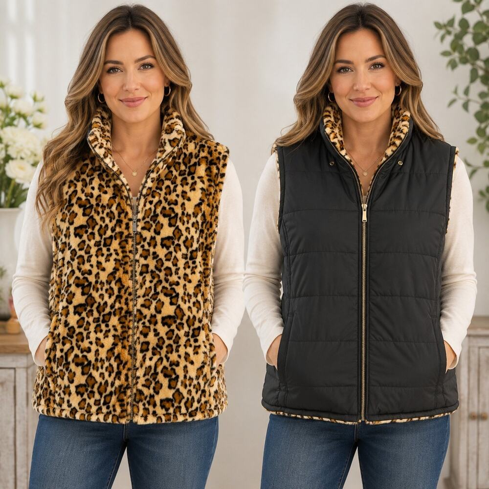 Rue+ 3X Reversible Leopard Faux Fur Black Puffer Vest Plus Size Pockets